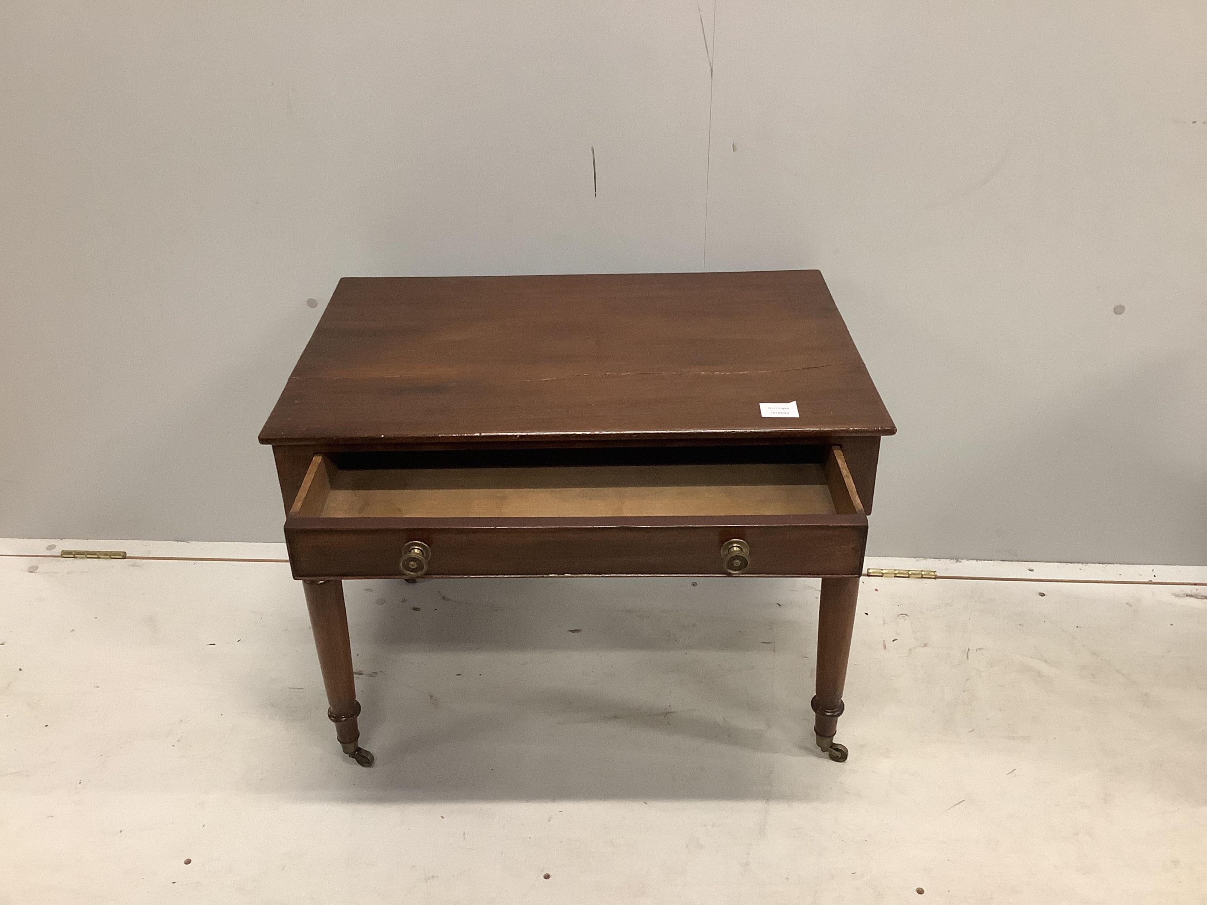 A George III mahogany child’s side table, fitted with a long drawer, width 68cm, depth 45cm, height 52cm. Condition - poor to fair